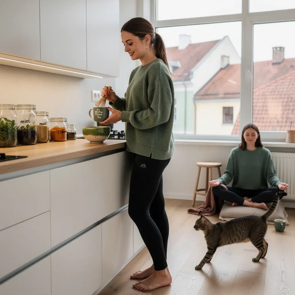 Sveikas gyvenimo būdas, vaizduojantis matcha arbatą kaip natūralų energijos ir ramybės šaltinį.