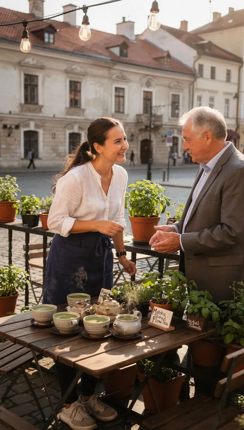 Matcha arbatos puodelis su žaliais lapais, rodančiais koncentracijos ir sveikatos simboliką.