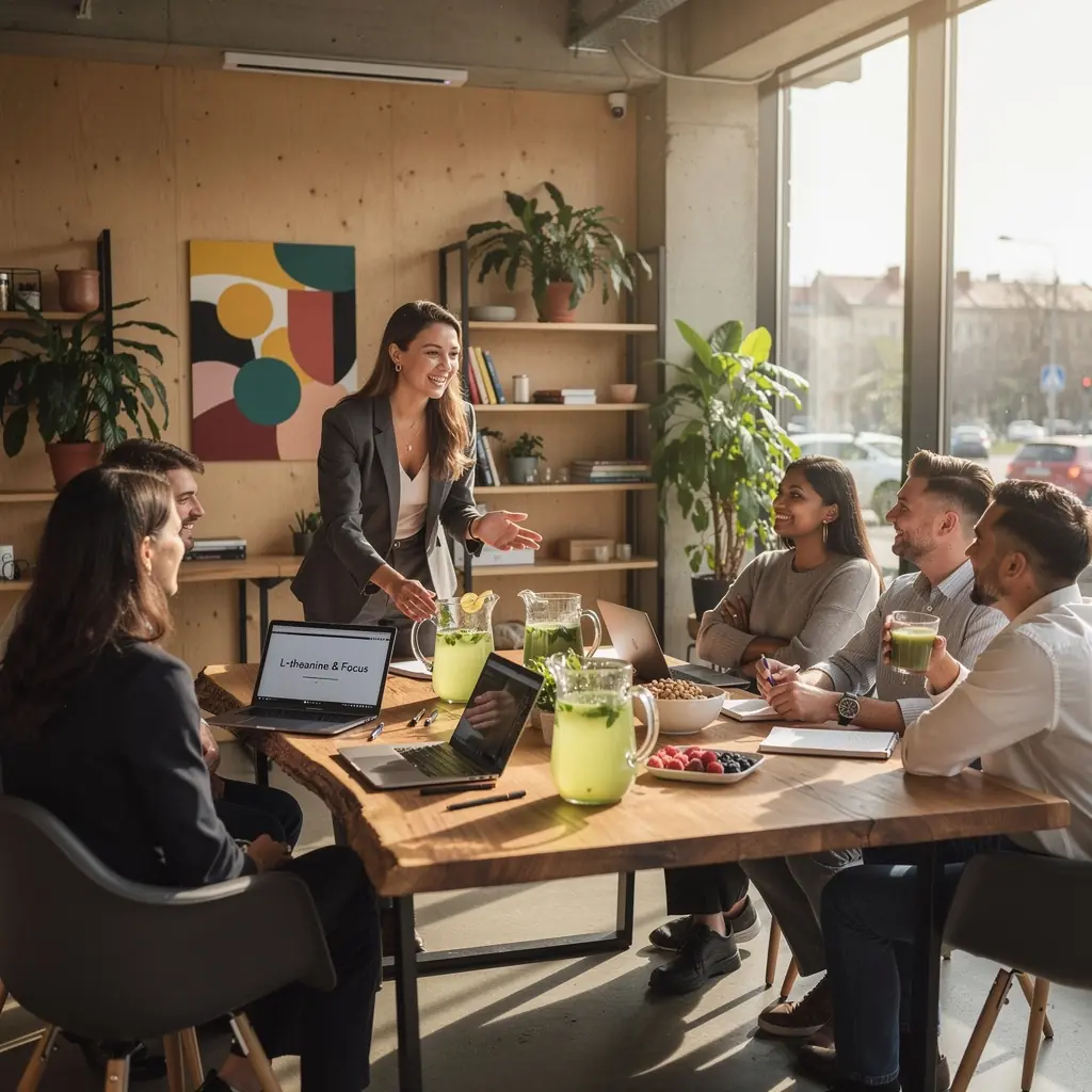 Žaliosios arbatos milteliai, supakuoti elegantiškame maišelyje, šalia šakelių su citrinų griežinėliais.