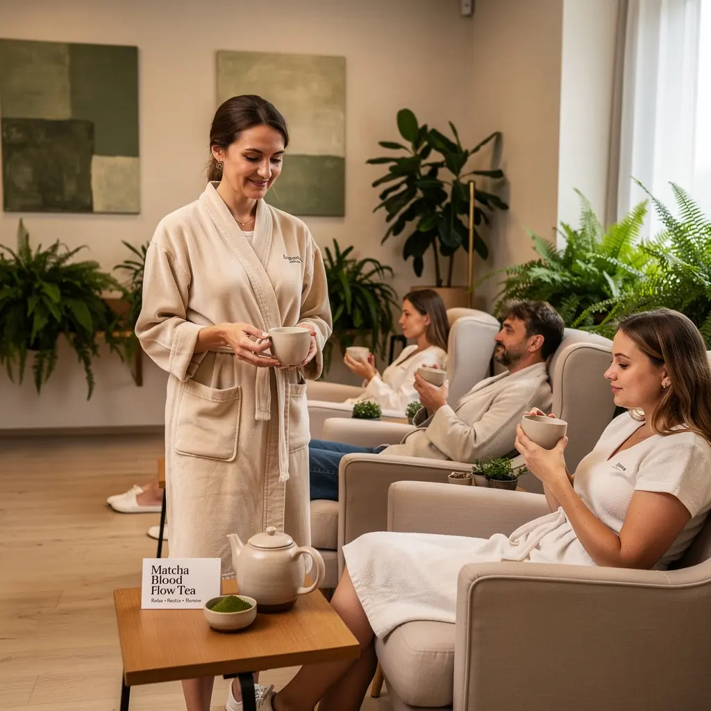 Matcha arbatos lapeliai, supakuoti į natūralų popierių, pabrėžiantys jų ekologiškumą.