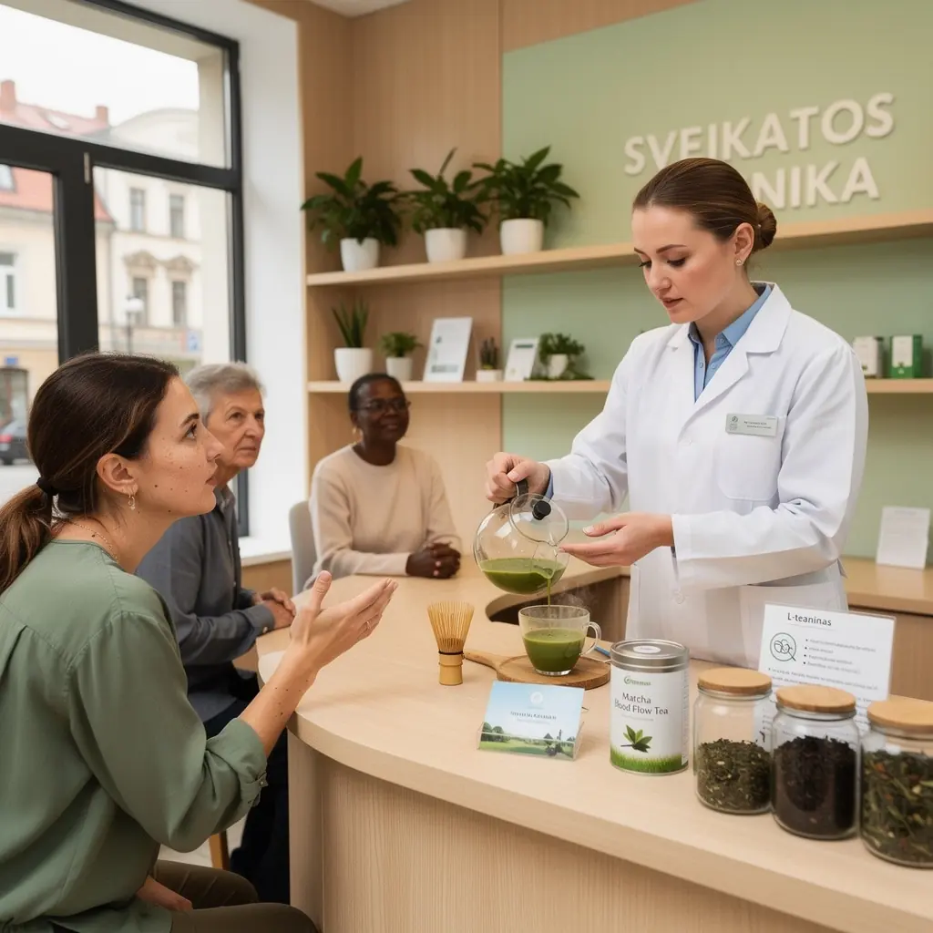 Matcha arbatos ingredientai, išdėstyti ant medinio stalo, akcentuojantys natūralumą ir šviežumą.